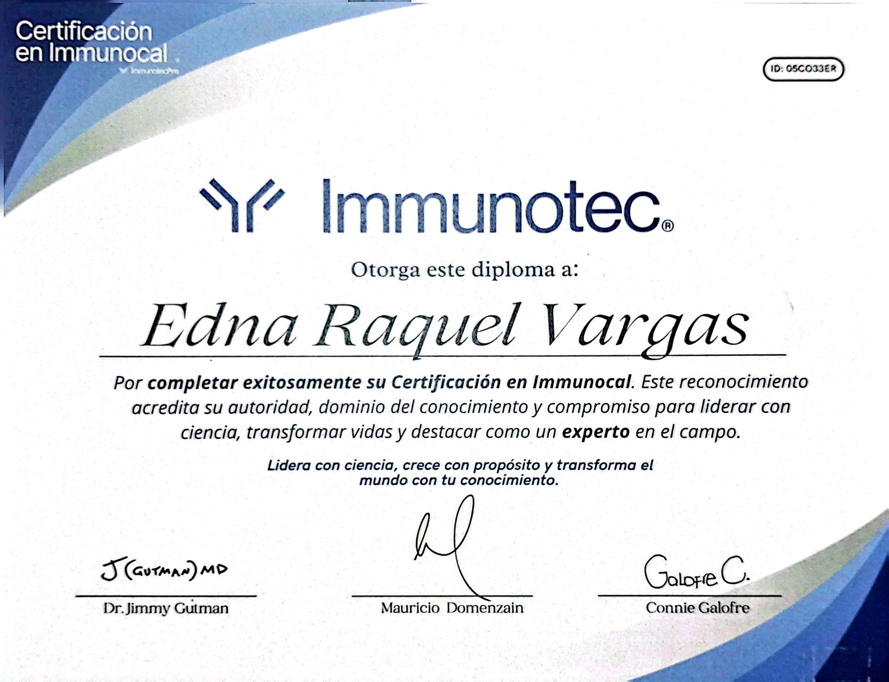 Certificado Oficial de Immunocal otorgado a Edna Raquel Vargas por Immunotec - ID 05CO33ER